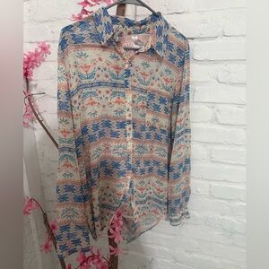 No Boundaries Printed Button-Up Shirt in Cream, Blue & Coral